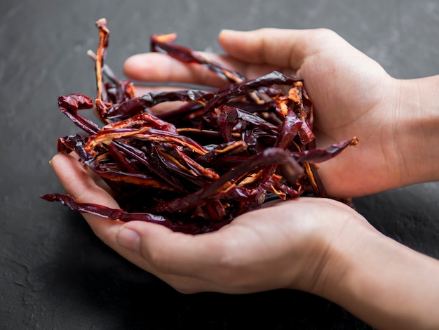 Foto gratuita manos sosteniendo montón de pimientos rojos secos