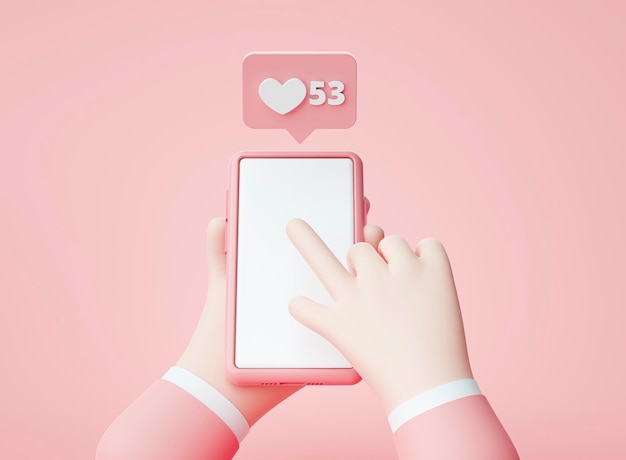 Manos sosteniendo un teléfono inteligente en blanco Chat burbujas de amor notificación de alerta sitio web de la aplicación de dibujos animados ui sobre fondo rosa ilustración de representación 3d