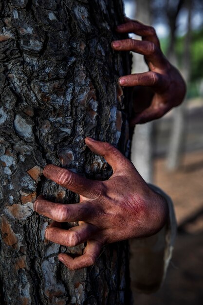 Manos de zombie espeluznante en un árbol