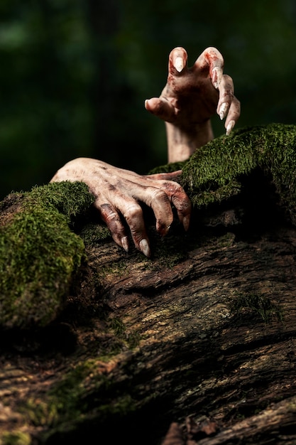 Foto gratuita manos de zombies espeluznantes en la naturaleza