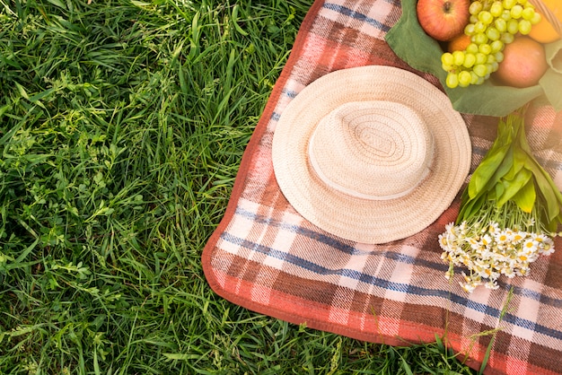 Manta de picnic con frutas y sombrero