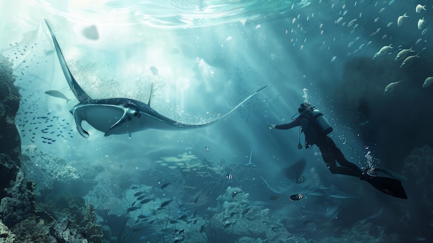 Foto gratuita la manta rayas realista en el agua de mar