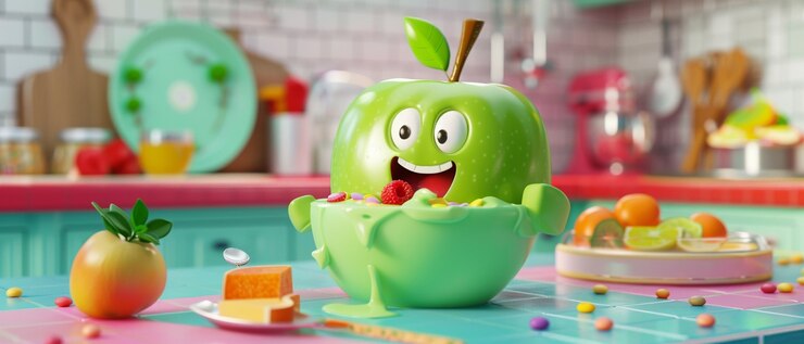 Foto gratuito manzana de dibujos animados en 3d