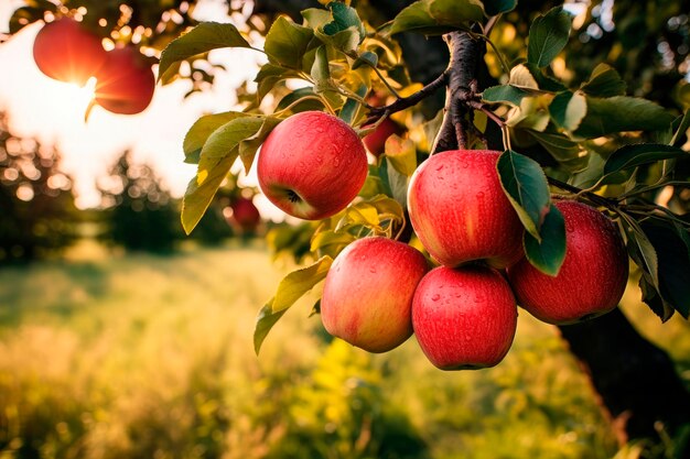 Manzana roja orgánica colgando de una rama de árbol en un fondo de huerto Copiar espacio