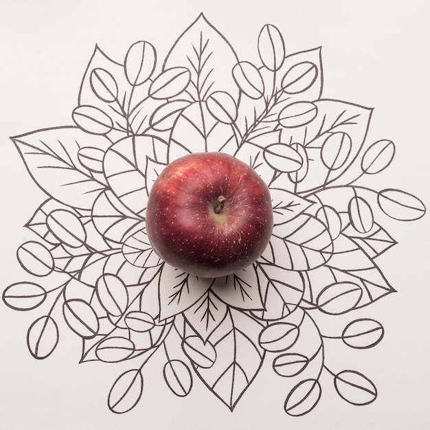 Foto gratuita manzana roja sobre fondo floral de contorno