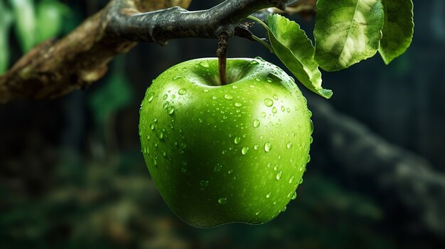 Manzana verde fresca con gotas de agua