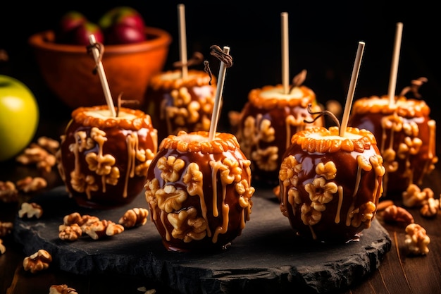 Foto gratuita manzanas acarameladas con nueces en un palo para halloween en una mesa de madera