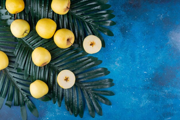 Manzanas amarillas frescas enteras y en rodajas en hoja verde.