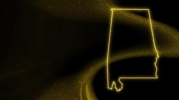 Mapa de Alabama, mapa de brillo dorado sobre fondo oscuro