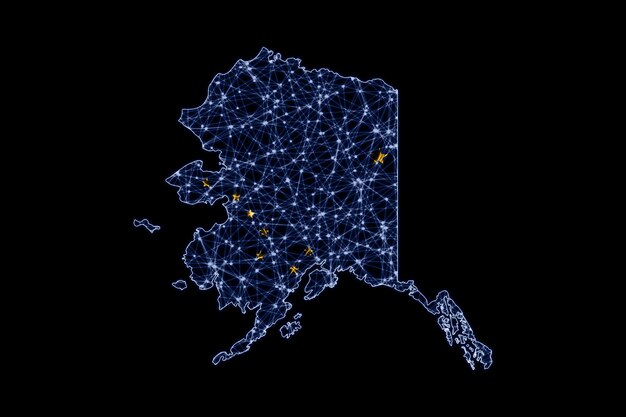 Mapa de Alaska, mapa de línea de malla poligonal, mapa de bandera