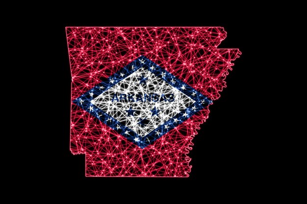 Mapa de Arkansas, mapa de línea de malla poligonal, mapa de bandera