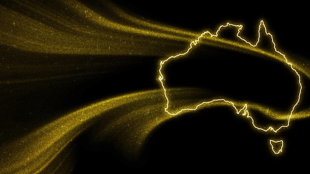 Mapa de Australia, mapa de brillo dorado sobre fondo oscuro