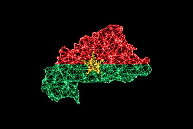 Mapa de Burkina Faso, mapa de líneas de malla poligonal, mapa de banderas