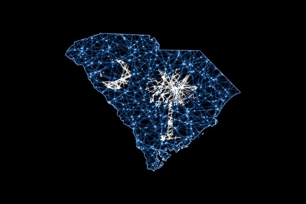 Mapa de Carolina del Sur, mapa de línea de malla poligonal, mapa de bandera