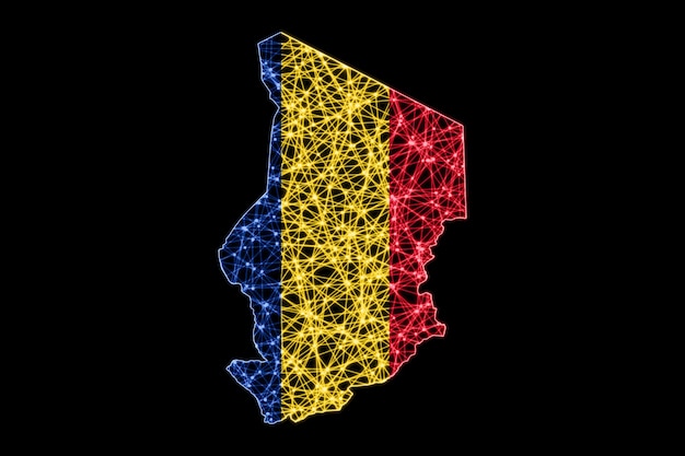 Mapa de Chad, mapa de líneas de malla poligonal, mapa de banderas