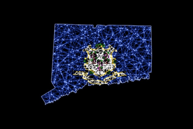 Mapa de Connecticut, mapa de línea de malla poligonal, mapa de bandera