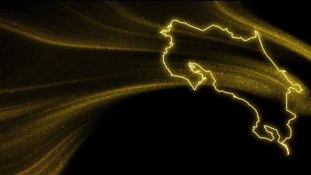 Mapa de Costa Rica, mapa de brillo dorado sobre fondo oscuro