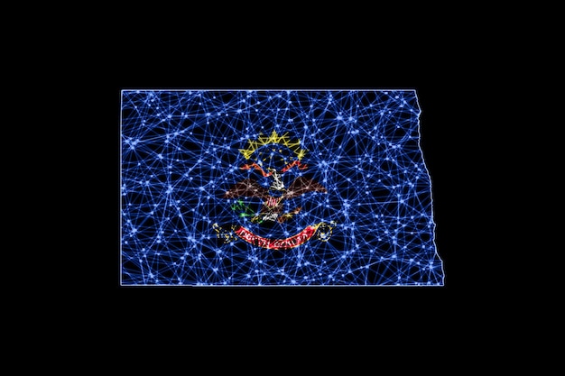 Mapa de Dakota del Norte, mapa de líneas de malla poligonal, mapa de banderas