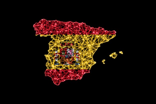 Mapa de España, mapa de líneas de malla poligonal, mapa de banderas