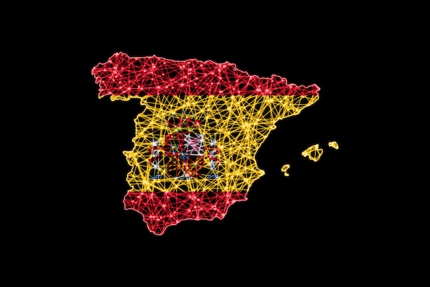 Mapa de España, mapa de líneas de malla poligonal, mapa de banderas