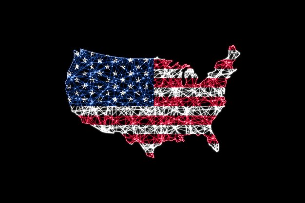 Mapa de Estados Unidos, mapa de línea de malla poligonal, mapa de bandera