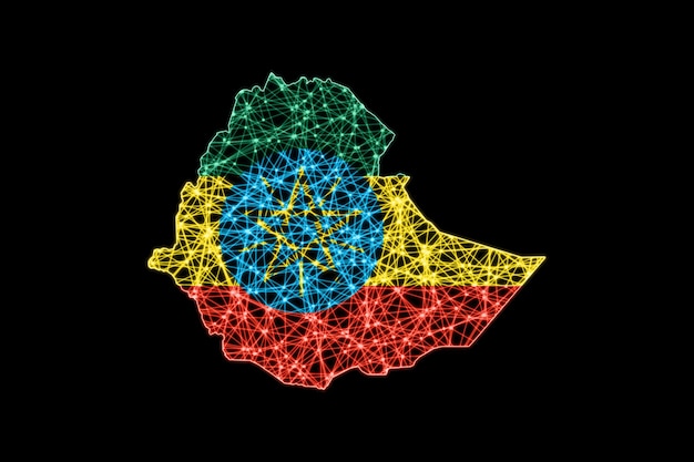 Mapa de Etiopía, mapa de línea de malla poligonal, mapa de bandera