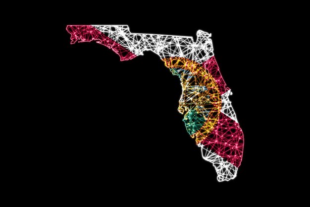 Mapa de Florida, mapa de líneas de malla poligonal, mapa de banderas