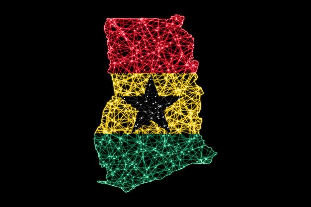 Mapa de Ghana, mapa de línea de malla poligonal, mapa de bandera