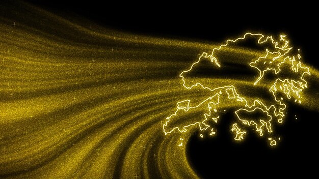 Mapa de Hong Kong, mapa de brillo dorado sobre fondo oscuro
