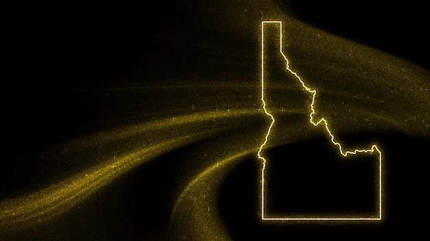 Mapa de Idaho, mapa de brillo dorado sobre fondo oscuro