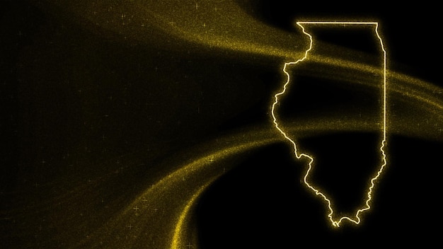 Mapa de Illinois, mapa de brillo dorado sobre fondo oscuro