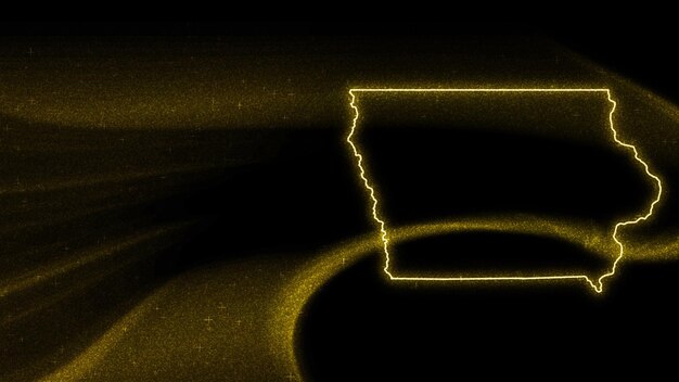 Mapa de Iowa, mapa de brillo dorado sobre fondo oscuro