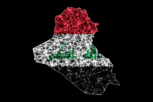 Mapa de Irak, mapa de líneas de malla poligonal, mapa de banderas