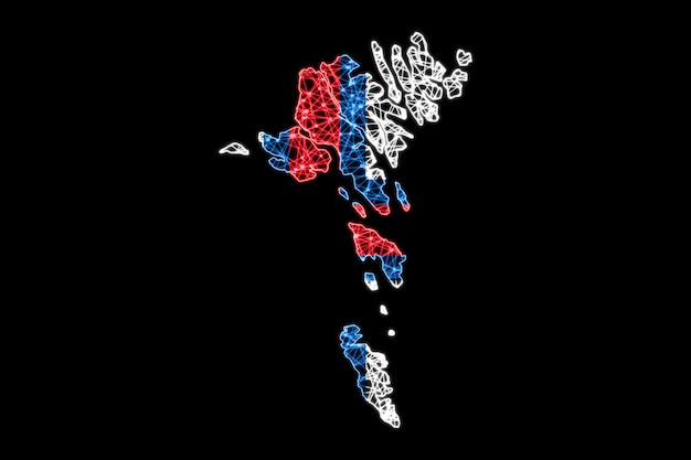 Mapa de las Islas Feroe, mapa de líneas de malla poligonal, mapa de banderas