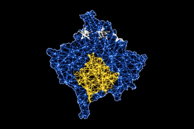 Mapa de Kosovo, mapa de líneas de malla poligonal, mapa de banderas