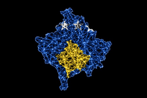 Mapa de Kosovo, mapa de líneas de malla poligonal, mapa de banderas