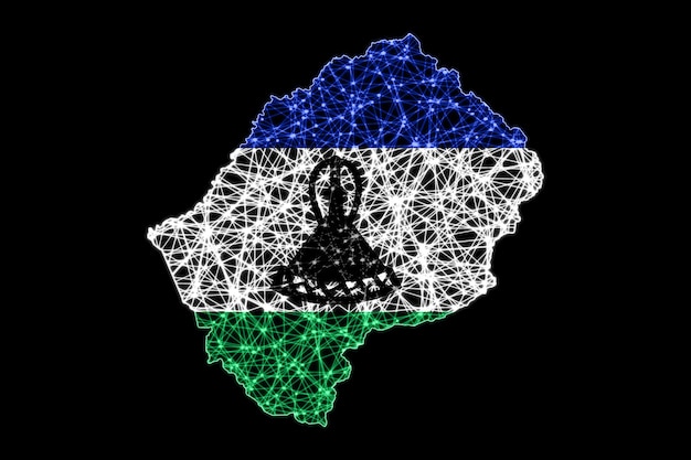 Mapa de Lesotho, mapa de línea de malla poligonal, mapa de bandera
