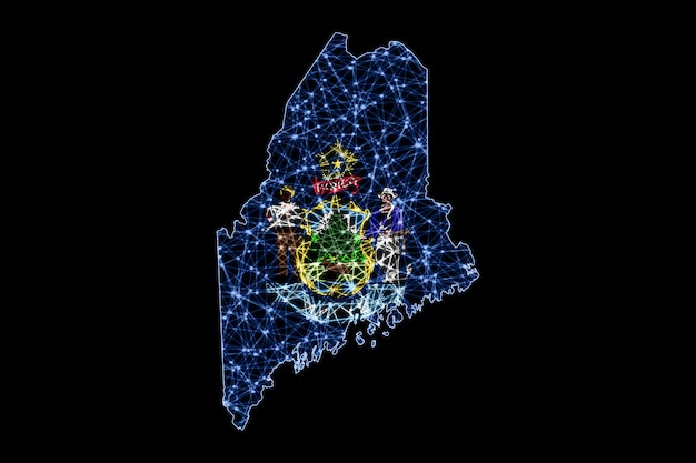 Mapa de Maine, mapa de línea de malla poligonal, mapa de bandera
