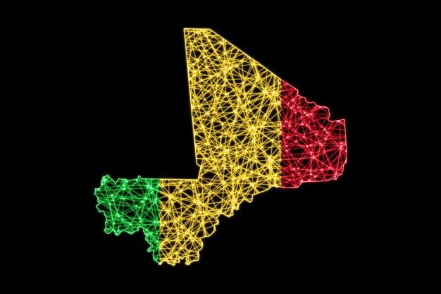 Mapa de Malí, mapa de líneas de malla poligonal, mapa de banderas