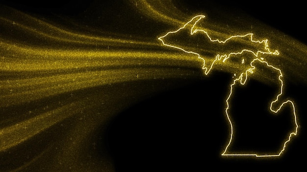 Mapa de Michigan, mapa de brillo dorado sobre fondo oscuro