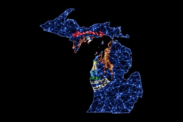 Mapa de Michigan, mapa de línea de malla poligonal, mapa de bandera
