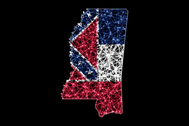 Mapa de Mississippi, mapa de línea de malla poligonal, mapa de bandera