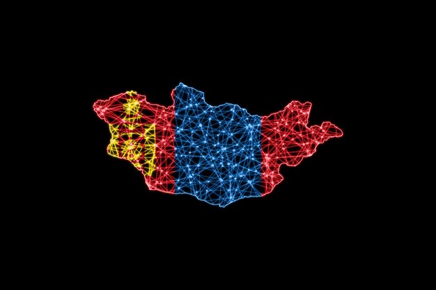Mapa de Mongolia, mapa de línea de malla poligonal, mapa de bandera