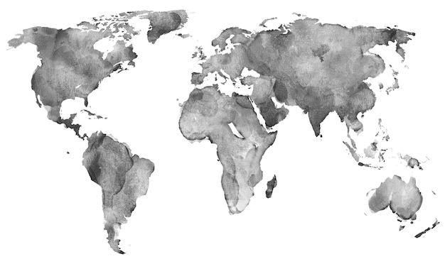 Mapa del mundo en acuarela blanco y negro