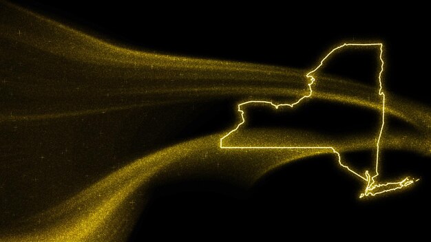 Mapa de Nueva York, mapa de brillo dorado sobre fondo oscuro