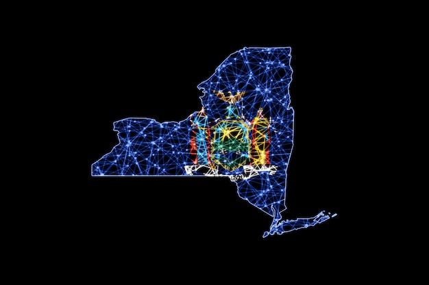 Mapa de Nueva York, mapa de líneas de malla poligonal, mapa de banderas