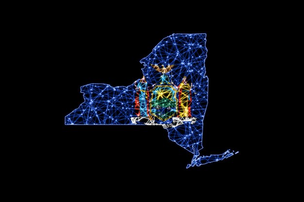 Mapa de Nueva York, mapa de líneas de malla poligonal, mapa de banderas