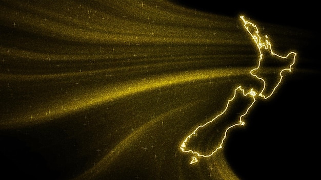 Mapa de Nueva Zelanda, mapa de brillo dorado sobre fondo oscuro