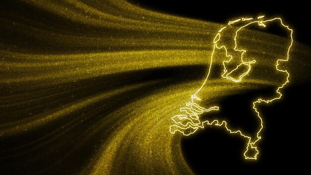 Mapa de Países Bajos, mapa de brillo dorado sobre fondo oscuro