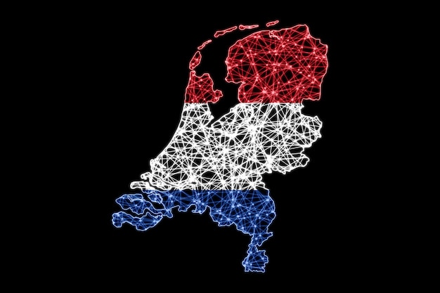 Mapa de Países Bajos, mapa de líneas de malla poligonal, mapa de banderas